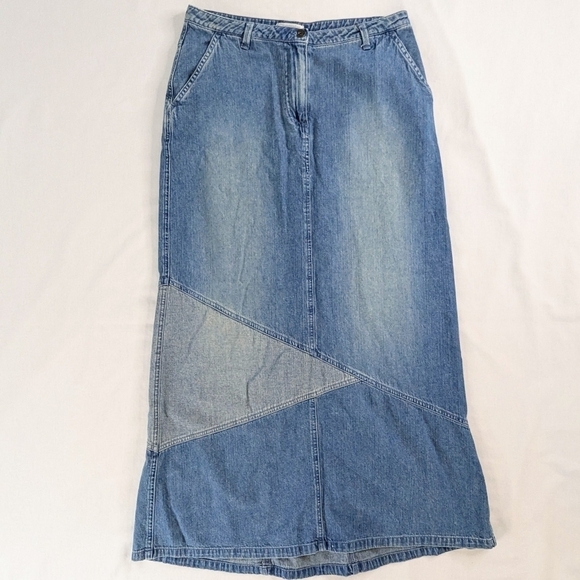 VTG Patchwork Denim Bleached Detail Maxi Skirt 90s Y2k